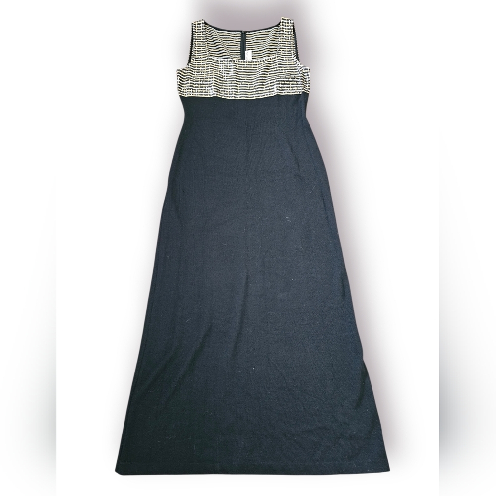 St.John Evenings Marie Gray Black Gold Shiny Accent Elegant Classy Maxi Dress 12